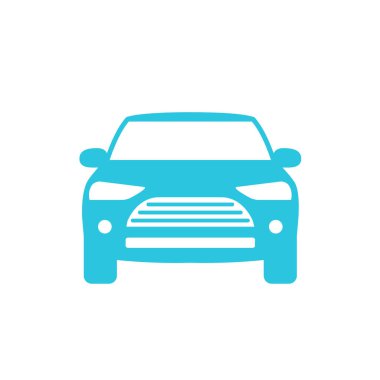 Araba ikonu, ön manzara, beyaz arka planda izole edilmiş. Mavi simge setinden.