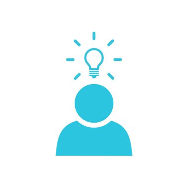 İyi fikir ikonu olan kişi. Beyaz arka planda izole edilmiş. Mavi simge setinden