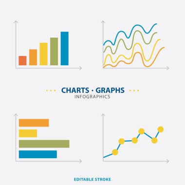 Finansal tablolar, bilgi veri istatistikleri, diyagramlar, finansal bilgiler, pazar şemaları ve iş veri grafikleri. Vektör illüstrasyonunda grafikler. Tasarım bilgi grafikleri ve grafikleri kümesi.