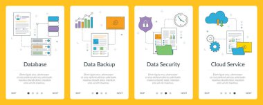 Veri paylaşım konsepti, yedekleme, veritabanı, veri güvenliği ve bulut hizmetlerine sahip ince çizgi simgesi tasarımı. Bilgisayar, sunucu, grafik, dosyalar ve belge simgeleriyle İnternet afiş düzeni. 