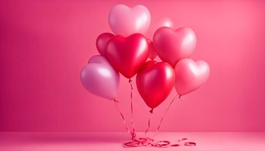 A vibrant arrangement of red and pink heart-shaped balloons against a pink backdrop, symbolizing love and joy, and a romantic Valentine's Day clipart