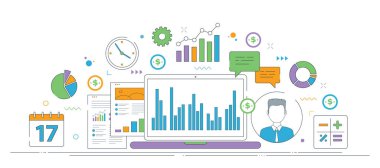 Ticari içgörü ve strateji için finansal veri çizelgeleri, grafikler ve dizüstü bilgisayar analizleri sergiliyor. Vektörde ince çizgi simgeleri tasarımı.