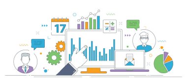 Veri analizi çizelgeleri, iş iletişimi ve karar vermek için stratejik içgörüler sergiliyor. Vektörde ince çizgi simgeleri tasarımı.