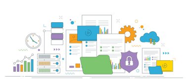 Veri yönetimi tasviri, bulut depolama ve dosya ikonları, bulut senkronizasyonu ve korunma ile güvenlik. Vektörde ince çizgi simgeleri tasarımı.