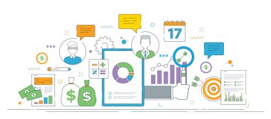 Ticari finansal analizler, yatırım stratejisi ve grafikler ve para sembolleriyle veri görselleştirmesi. Vektörde ince çizgi simgeleri tasarımı.