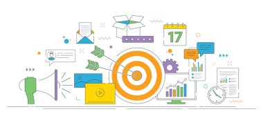 Pazarlama stratejisi illüstrasyonu, iş büyümesi ve hedef simgeleri, strateji planlaması ve analitik ile iletişim. Vektörde ince çizgi simgeleri tasarımı.