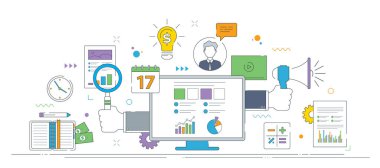 Çizelgeler ve iletişim simgeleriyle dijital pazarlama, veri analizi ve iş stratejisi araçları. Vektörde ince çizgi simgeleri tasarımı.