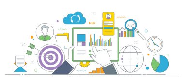 Veri analizi, hedef çalışması, takım çalışması, teknoloji entegrasyonu, iş stratejisi ve grafik ve dijital araçlarla performans takibi. Vektörde ince çizgi simgeleri tasarımı.