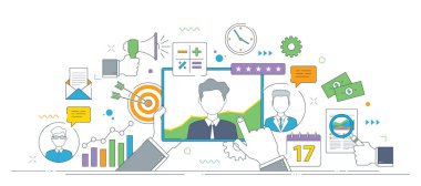 Müşteri memnuniyeti analizi, olumlu geri bildirim, müşteri desteği ve büyüme için stratejik iş planlaması. İnce çizgi simgeleri tasarımı.