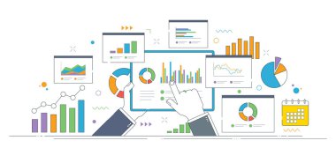 Veri görselleştirmeleri, iş görüşleri için analitik grafikler ve büyüme illüstrasyonunun finansman paneli. İnce çizgi simgeleri tasarımı.