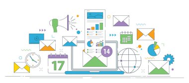 E- posta pazarlama analitiği ve dijital raporlar ile iletişim stratejisi. İnce çizgi simgeleri tasarımı..