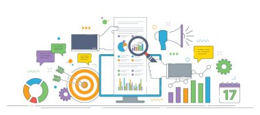 Ticari veri analizi, pazarlama stratejisi ve çizelge ve raporlarla iletişim akışının gösterimi. İnce çizgi simgeleri tasarımı.