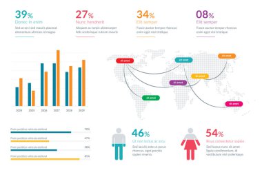 Konum işaretleyicileri, pasta ve bar grafikleri ve istatistiksel verilerle dolu bir dünya haritası içeriyor. İş sunumları, veri analizleri ve küresel bilgi sunumu için mükemmel.