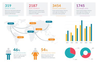 Konum işaretleyicileri, pasta ve bar grafikleri ve istatistiksel verilerle dolu bir dünya haritası içeriyor. İş sunumları, veri analizleri ve küresel bilgi sunumu için mükemmel.
