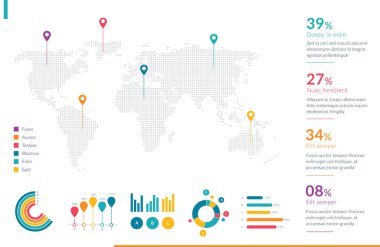 Konum işaretleyicileri, pasta ve bar grafikleri ve istatistiksel verilerle dolu bir dünya haritası içeriyor. İş sunumları, veri analizleri ve küresel bilgi sunumu için mükemmel.
