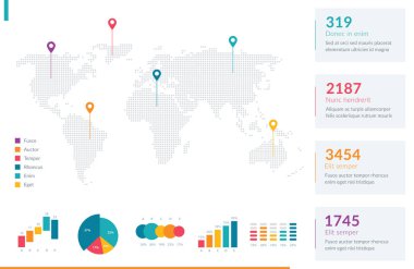 Konum işaretleyicileri, pasta ve bar grafikleri ve istatistiksel verilerle dolu bir dünya haritası içeriyor. İş sunumları, veri analizleri ve küresel bilgi sunumu için mükemmel.