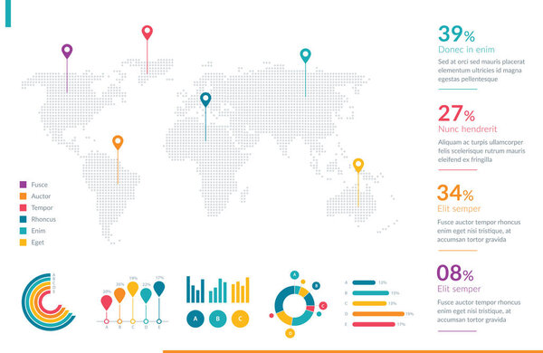 Яркая инфографика, показывающая карту мира с маркерами местоположения, круговыми и штрих-графиками и статистическими данными. Перфект для бизнес-презентаций, анализа данных и глобального представления информации.