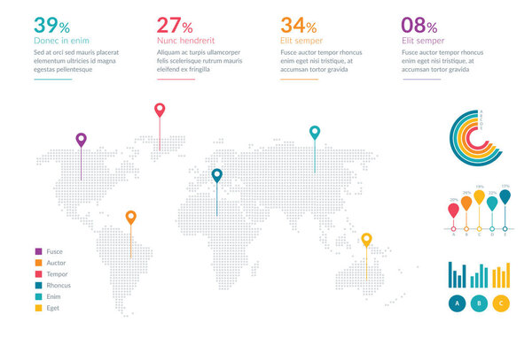 Яркая инфографика, показывающая карту мира с маркерами местоположения, круговыми и штрих-графиками и статистическими данными. Перфект для бизнес-презентаций, анализа данных и глобального представления информации.