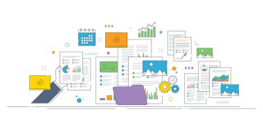 Dijital belge depolama sistemi, grafik raporları, videolar, fotoğraflar, klasörler ve içerik ve veri organizasyonu konsepti ile vektör illüstrasyonu.
