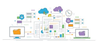 Belgeler ve klasörler bulut sunucuları ve bilgisayarlar arasında güvenli bir şekilde aktarılıyor, grafikler, dosyalar ve şifreleme simgeleri yer alıyor. İnce çizgi simgeleri tasarımı.