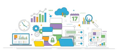 Bulut hesaplama, veri analizi ve dosya yönetimi konseptleri ile grafikler, sunucular ve teknolojiyle ilgili simgeler. Teknoloji, analiz ve iş için ideal.