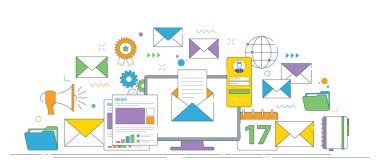 Görev organizasyonu ve takvim, belgeler, klasörler, kullanıcı profili ve senkronize e- posta iletileri ile iş akışı arayüzü. İnce çizgi simgeleri tasarımı.