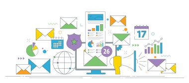 Analitik çizelgeler, pasta grafikleri, küresel ağ simgesi, güvenli kalkan ve takvimler ile e-posta iletişimi. İnce çizgi simgeleri tasarımı.