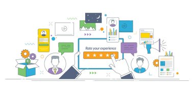 Yıldızlar, incelemeler, konuşma baloncukları, giriş ekranı, profil simgeleri ve iletişim elemanlarıyla bir kullanıcı derecelendirme arayüzü çizimi. İnce çizgi simgeleri tasarımı.