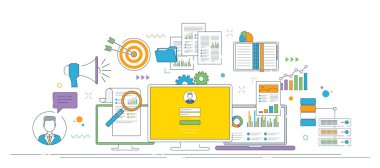 Giriş ekranı, raporlar, grafikler, dosyalar, iletişim simgeleri ve sistem veri görselleştirmesi olan bir kullanıcı arayüzünün vektör çizimi. İnce çizgi simgeleri tasarımı.