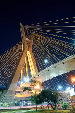 Sao Paulo şehrinde kablolu bir köprüye sahip şehir manzarası.
