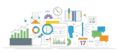 Büyüteç, grafikler, iş simgesi ve planlama unsurlarıyla veri analizini gösteren vektör illüstrasyonu. Araştırma, iletişim ve strateji kavramı.
