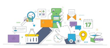 Çevrimiçi alışveriş ödeme süreci ile taşınabilir kontrol, bankacılık kartı ikonları, dağıtım lojistiği, ve iş iletişimi ve sosyal katılım.