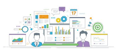 Veri tabloları, performans ölçümleri, hedefler ve iş büyümesi için karar analizi ile takım çalışması ve stratejik planlamanın resimli konsepti.