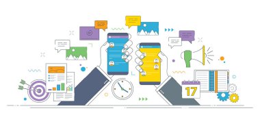 Çizelgeler, mesajlar, takvim, megafon ve iş planlama araçlarıyla çevrili akıllı telefonları tutan vektör illüstrasyonu.