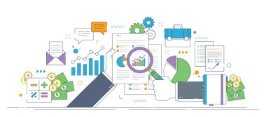 Ekonomik başarıyı temsil eden finansal strateji, büyüme analizi ve grafikli planlama kavramları, büyüteç ve para simgeleri.