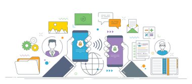 Akıllı telefonlar, kilit simgeleri ve iş unsurları modern çizgi sanat tarzında güvenli mobil iletişim ve veri gizlilik stratejisi.