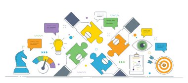 Takım çalışması için işbirliği, problem çözme ve bulmaca parçaları, planlama simgeleri ve iletişim unsurları içeren strateji geliştirme kavramlarını gösteren vektör ilülasyonu.