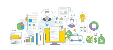 Şirket başarısı için finansal veri yönetimi, iş stratejisi ve grafikler, belgeler ve para ikonları içeren planlama kavramlarını gösteren vektör illüstrasyonu.