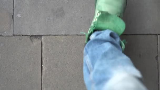 Close Shot Mans Lags Walking Pavement Street Wearing Green Shoes — Stock Video