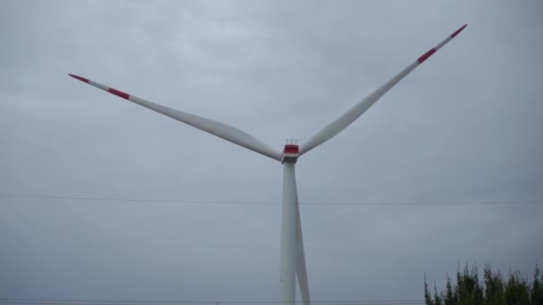 鳥とのスローモーションでのエネルギー供給のための大きな風力タービンが背景に飛んでいます 高品質のフルHd映像 — ストック動画
