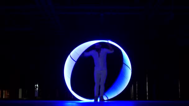 Extraordinary Modern Light Circus Performance Cyr Wheel Concept Innovation Technology — Stock Video