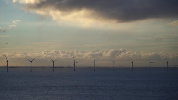 Wind Farm Open Sea Sunset Offshore Wind Generators Renewable Green — Stock Video