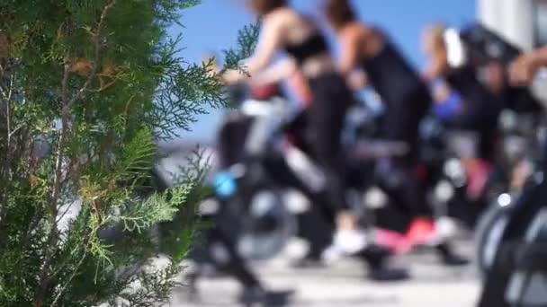 Närbild Grupp Människor Cykling Maskin Utomhus Hälsosam Livsstil Fitness Cardio — Stockvideo