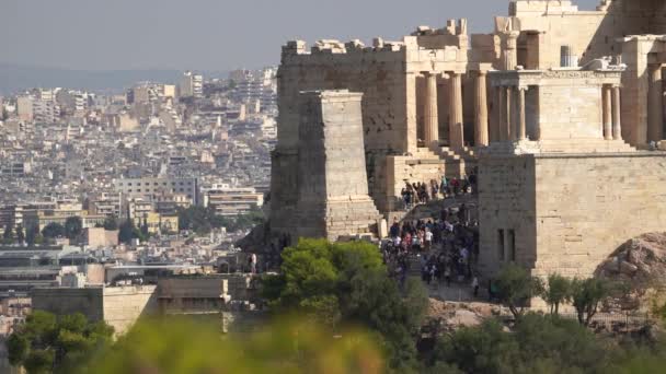 Acrópolis Atenas Grecia Muchos Turistas Templo Del Partenón Lugar Más — Vídeo de stock