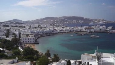 Distant view of bay and waterfront of Mykonos island, Cyclades, Greece. Travel, vacation .