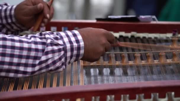 Cymbal Cimbalom Cembalon Close Hand Plays Strings Wound Beaters — Vídeo de Stock