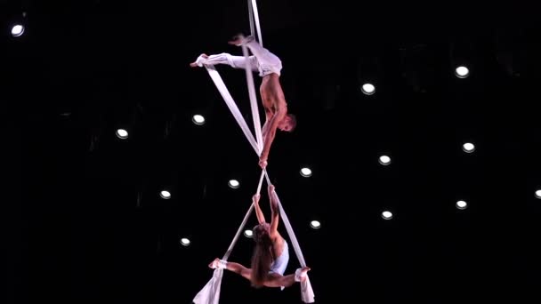 Aerial Duo Seta Artista Circo Con Costume Bianco Sfondo Nero — Video Stock