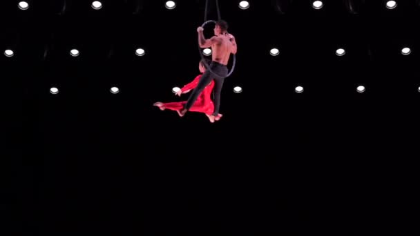 Circus Aerial Hoop Duo Black Stage Background Performing Trick Highly — Stock Video
