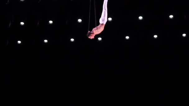 Male Muscular Circus Artist Aerial Straps Black Stage Background Performing — Stock Video