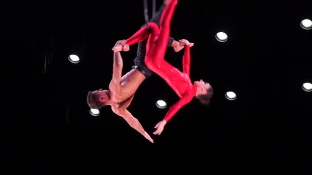 Circus Εναέρια Στεφάνι Δίδυμο Μαύρο Φόντο Εκτελεί Όμορφα Κόλπα Άνδρες — Αρχείο Βίντεο